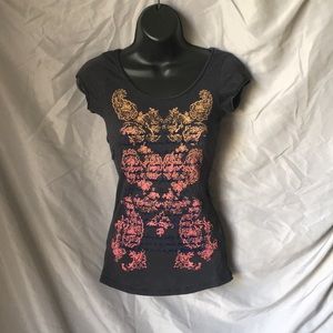 Grey graphic with yellow to pink floral print